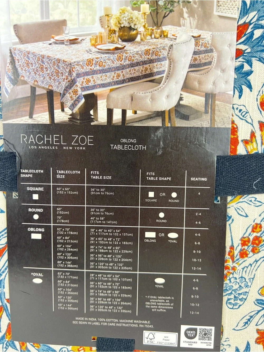 Rachel Zoe FALL Tablecloth 6 Napkins Blue Orange Cream Floral Birds 60 x 120 NEW